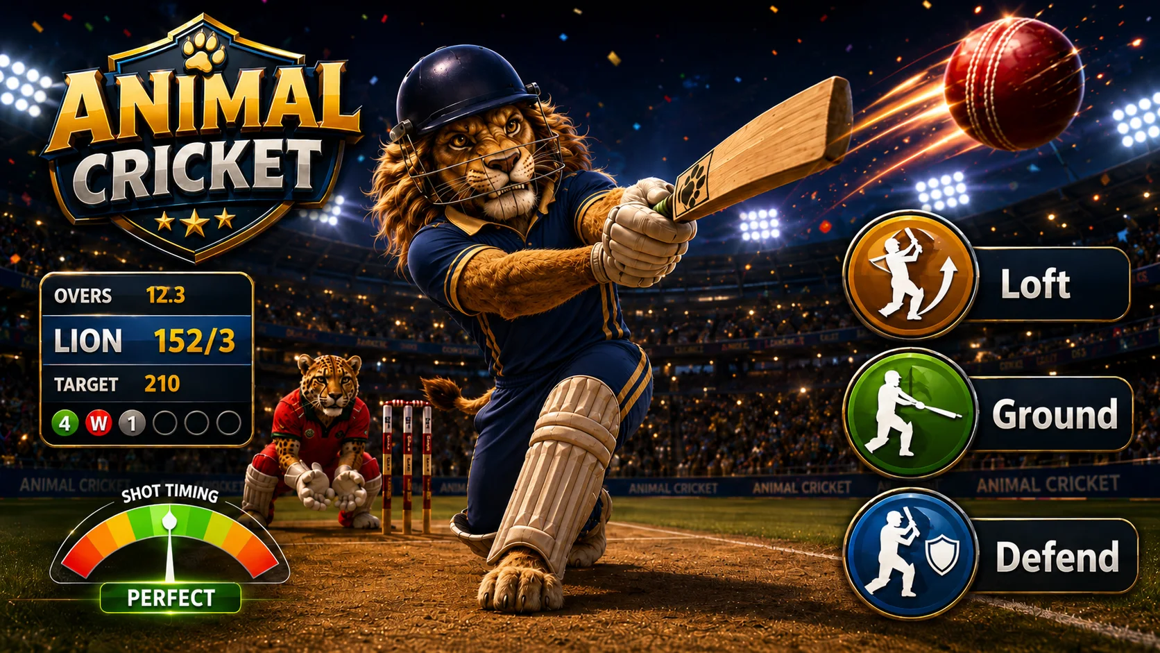 Lion batter playing Animal Cricket in a stadium