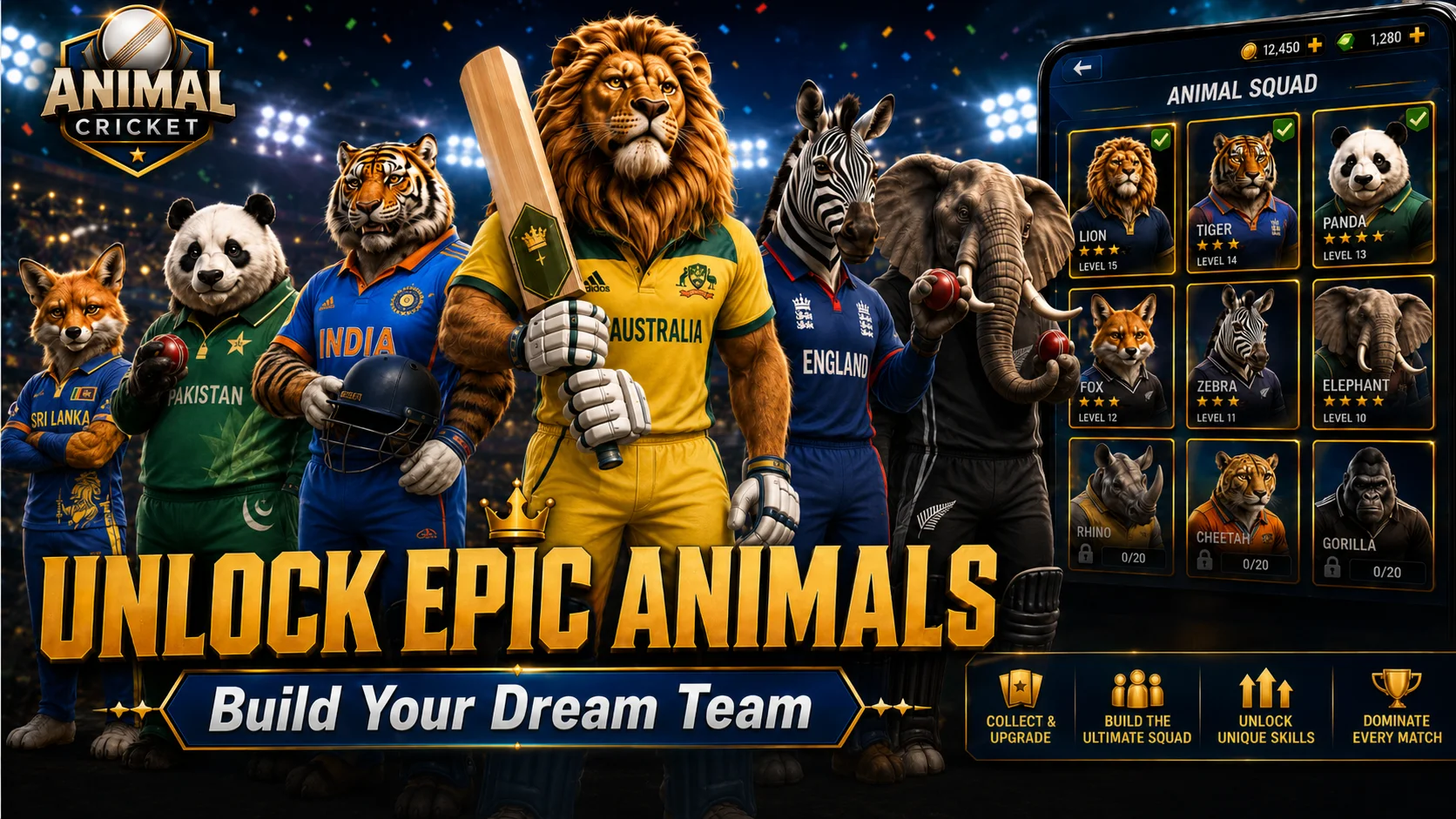 Dressed animal squad and team builder screen